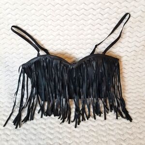 Say What? Black Underwire Zipper Back Crop Fringe Biker Boho Bustier NWOT